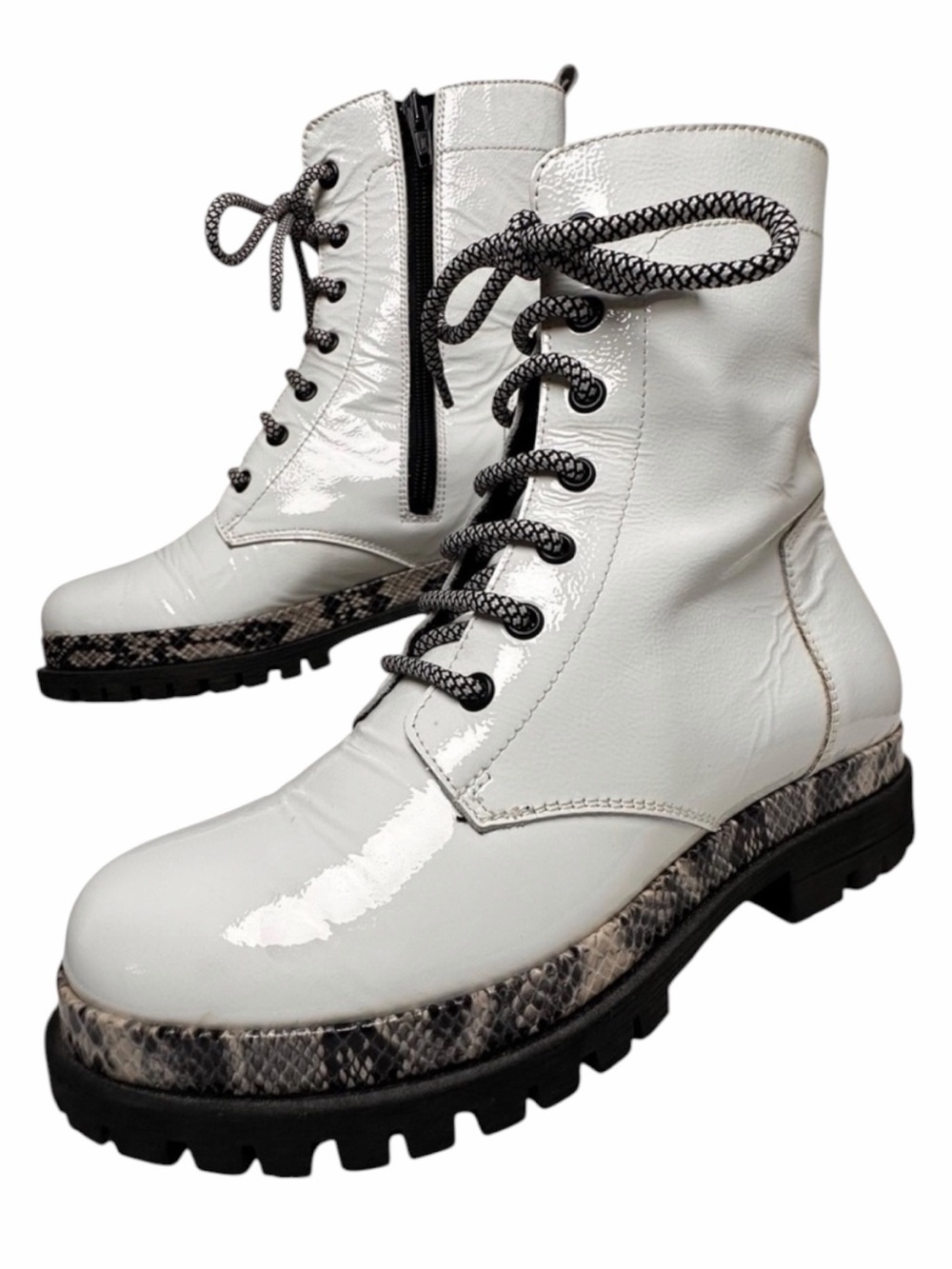Ateliers Italy White Patent Leather‎ Combat Boots Snake Trim Lug Sole EU 37
